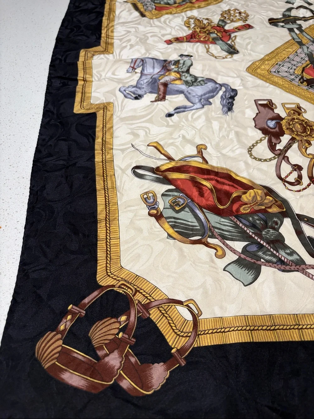 Elegant Equestrian Printed Silk Scarf - Black, Cream, green & Red.